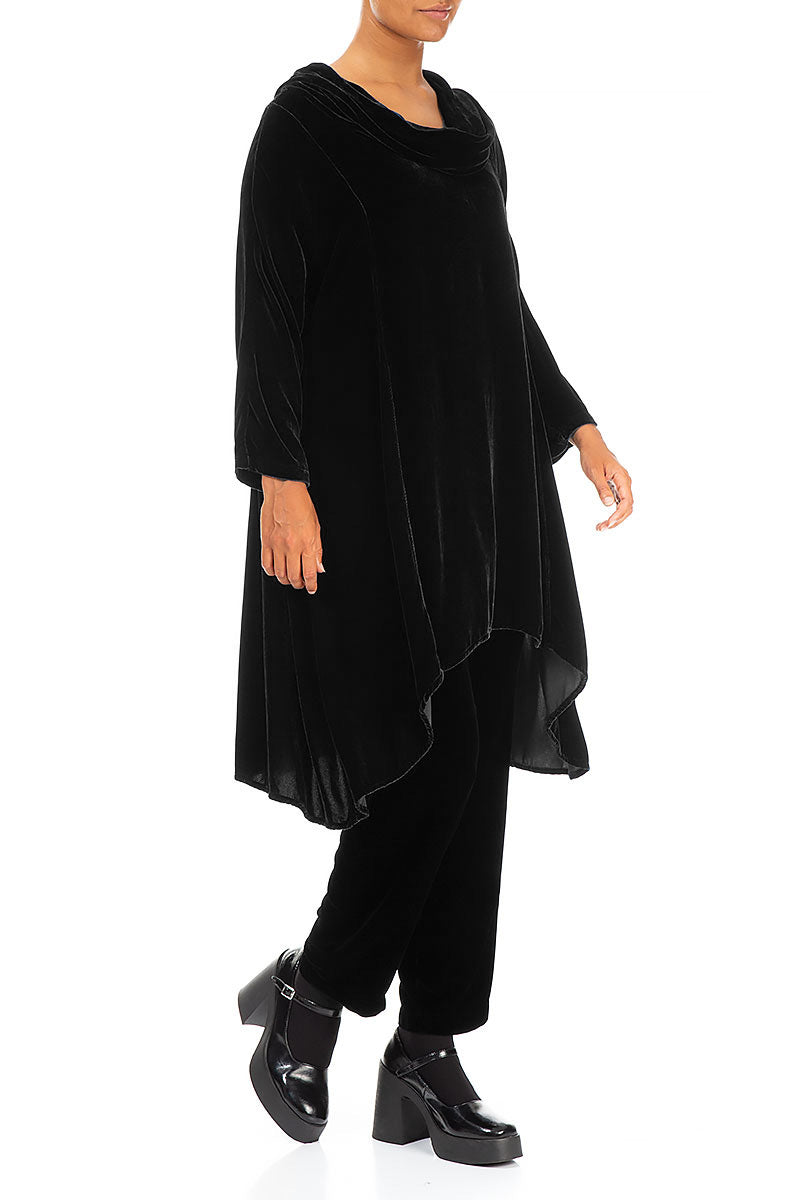 Cowl Neck Asymmetric Black Silk Velvet Tunic