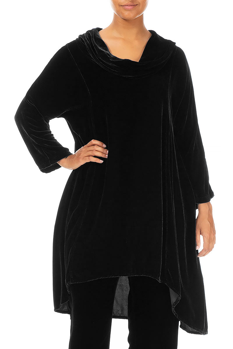 Cowl Neck Asymmetric Black Silk Velvet Tunic