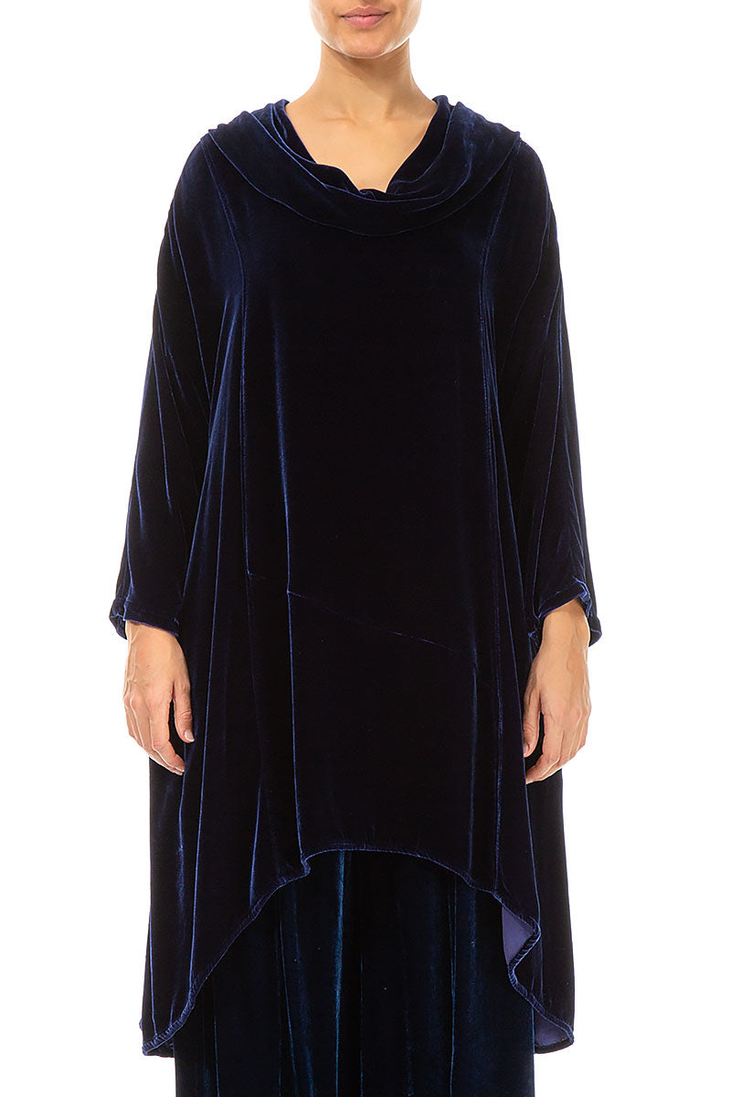 Cowl Neck Asymmetric Blue Violet Silk Velvet Tunic