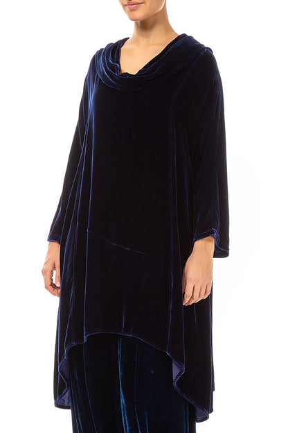 Cowl Neck Asymmetric Blue Violet Silk Velvet Tunic