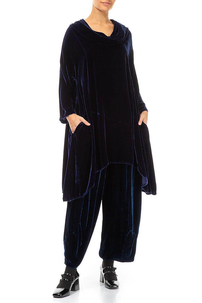 Cowl Neck Asymmetric Blue Violet Silk Velvet Tunic