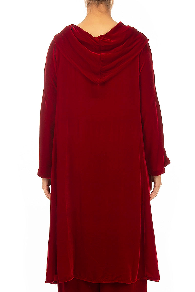 Cowl Neck Asymmetric Cherry Red Silk Velvet Tunic