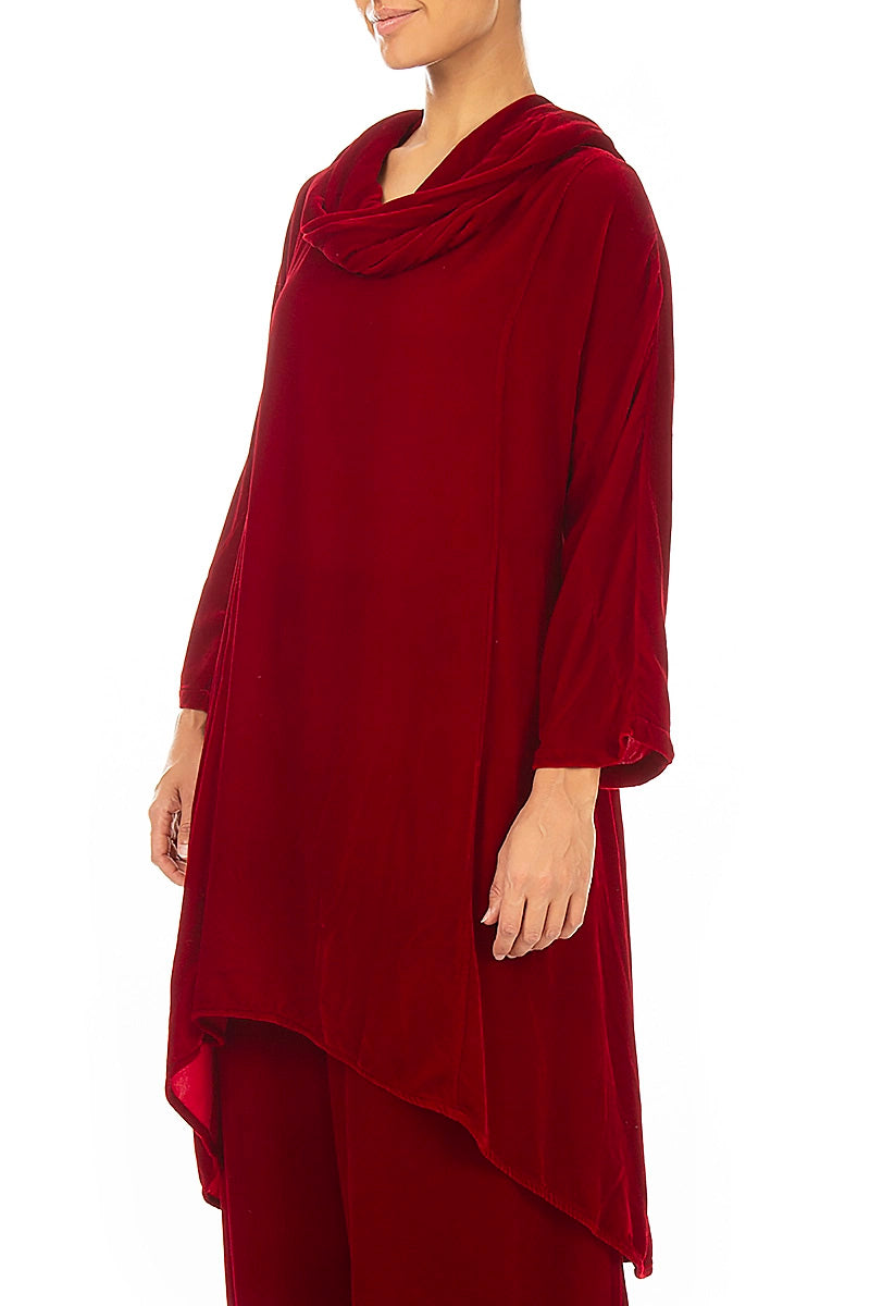 Cowl Neck Asymmetric Cherry Red Silk Velvet Tunic 3