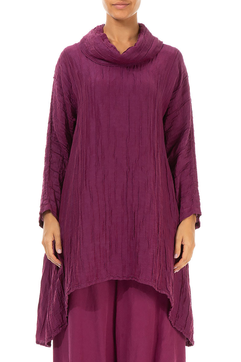 Cowl Neck Asymmetric Crinkled Berry Silk Tunic