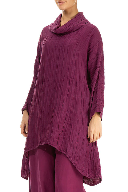 Cowl Neck Asymmetric Crinkled Berry Silk Tunic