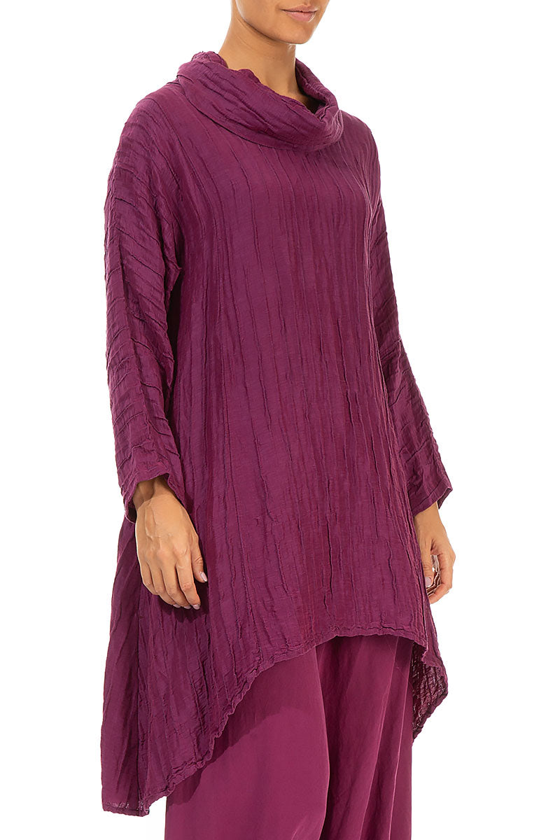 Cowl Neck Asymmetric Crinkled Berry Silk Tunic