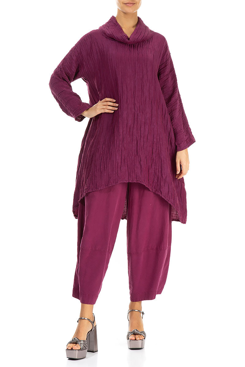 Cowl Neck Asymmetric Crinkled Berry Silk Tunic