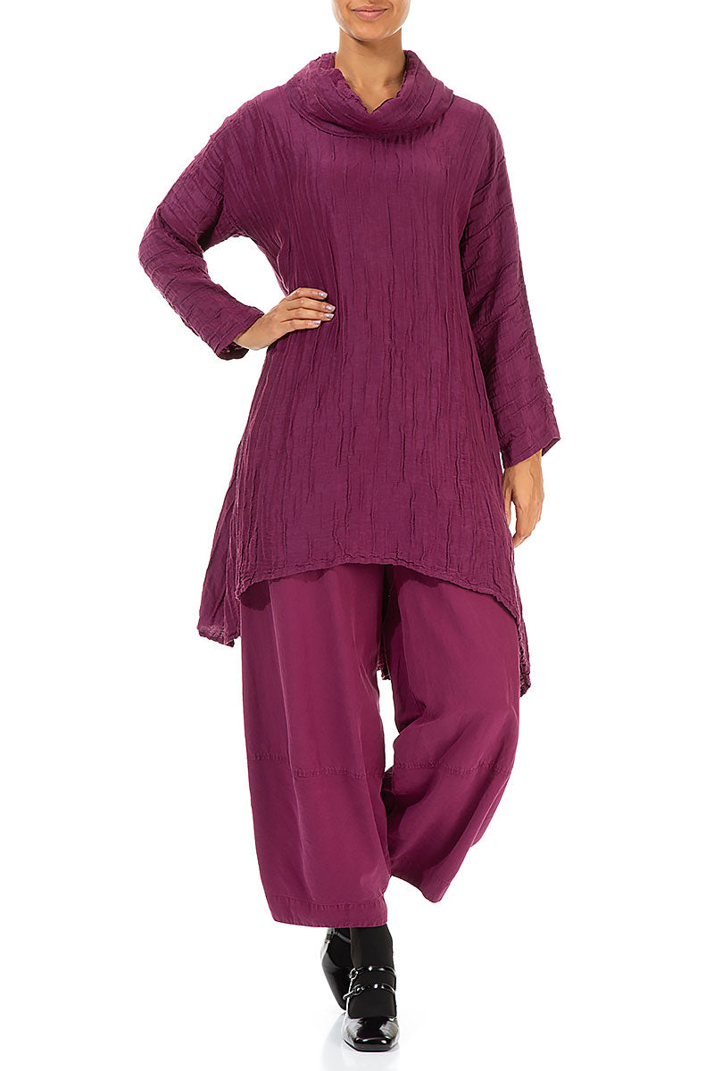 Cowl Neck Asymmetric Crinkled Berry Silk Tunic