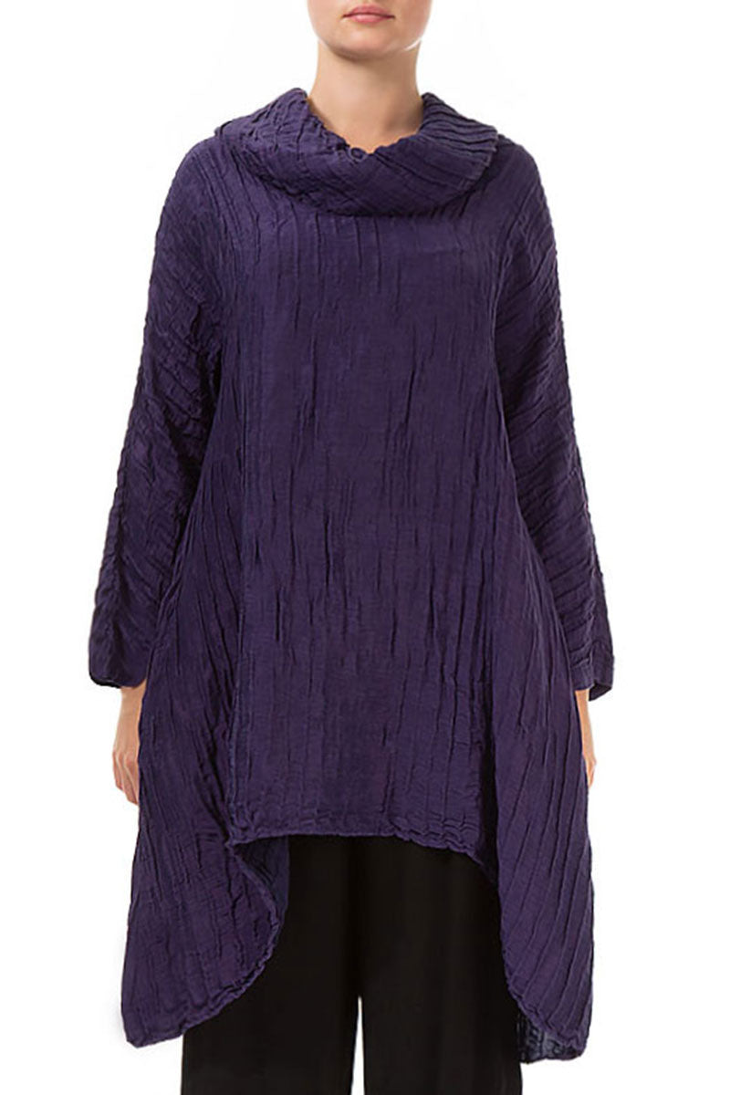 Cowl Neck Asymmetric Crinkled Royal Purple Silk Tunic 1