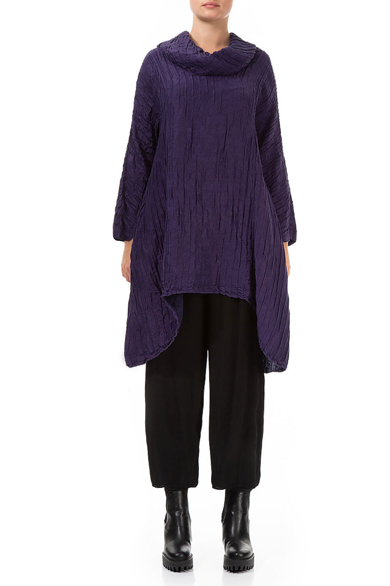 Cowl Neck Asymmetric Crinkled Royal Purple Silk Tunic 3