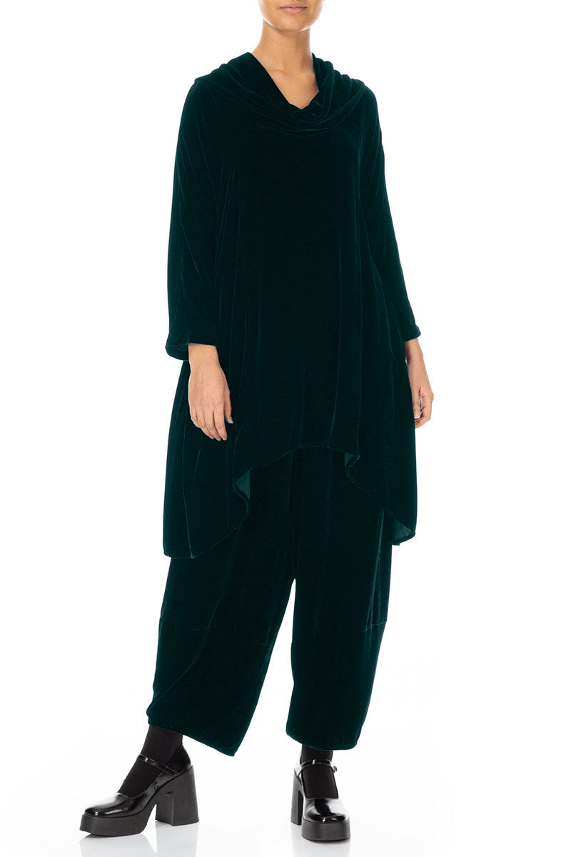 Cowl Neck Asymmetric Emerald Silk Velvet Tunic