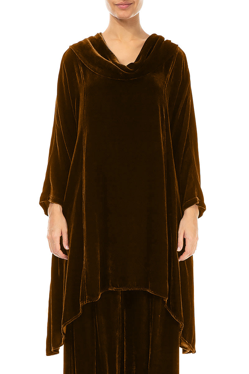 Cowl Neck Asymmetric Golden Olive Silk Velvet Tunic