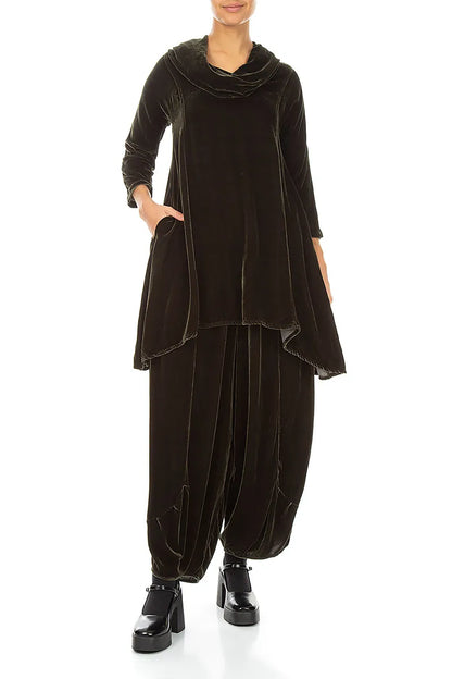 Cowl Neck Asymmetric Olive Silk Velvet Tunic 4