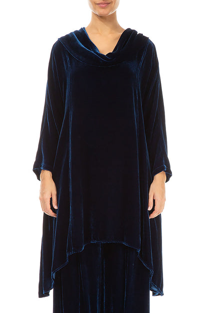 Cowl Neck Asymmetric Royal Blue Silk Velvet Tunic 1