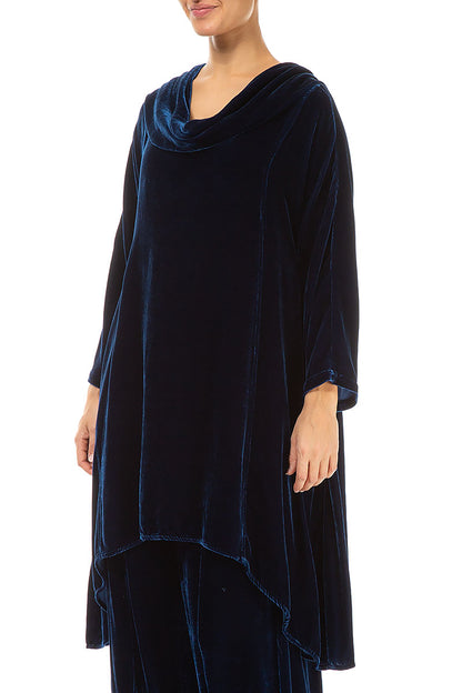 Cowl Neck Asymmetric Royal Blue Silk Velvet Tunic 3