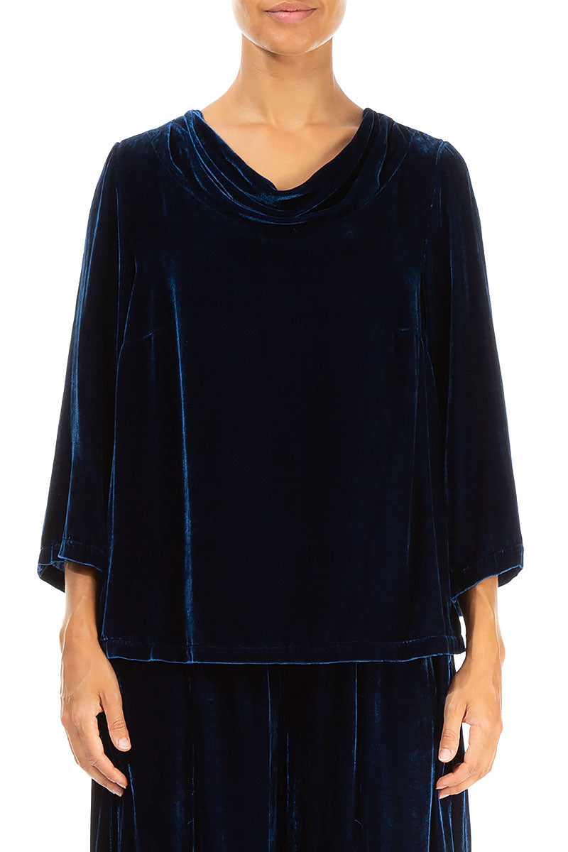 Cowl Neck Azure Silk Velvet Blouse