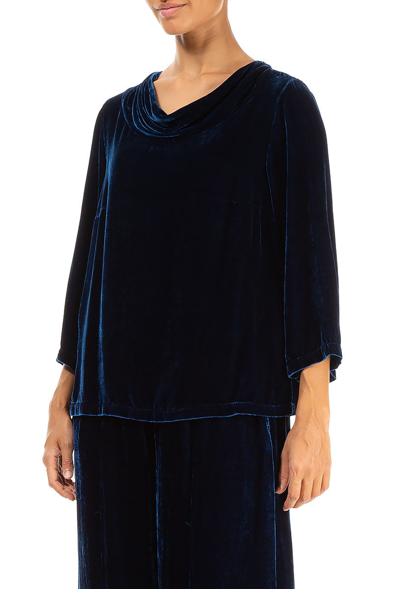 Cowl Neck Azure Silk Velvet Blouse