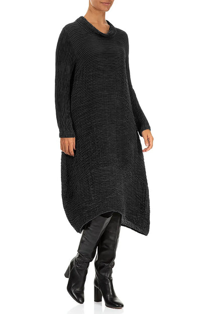 Cowl Neck Black Plissé Silk Dress 3