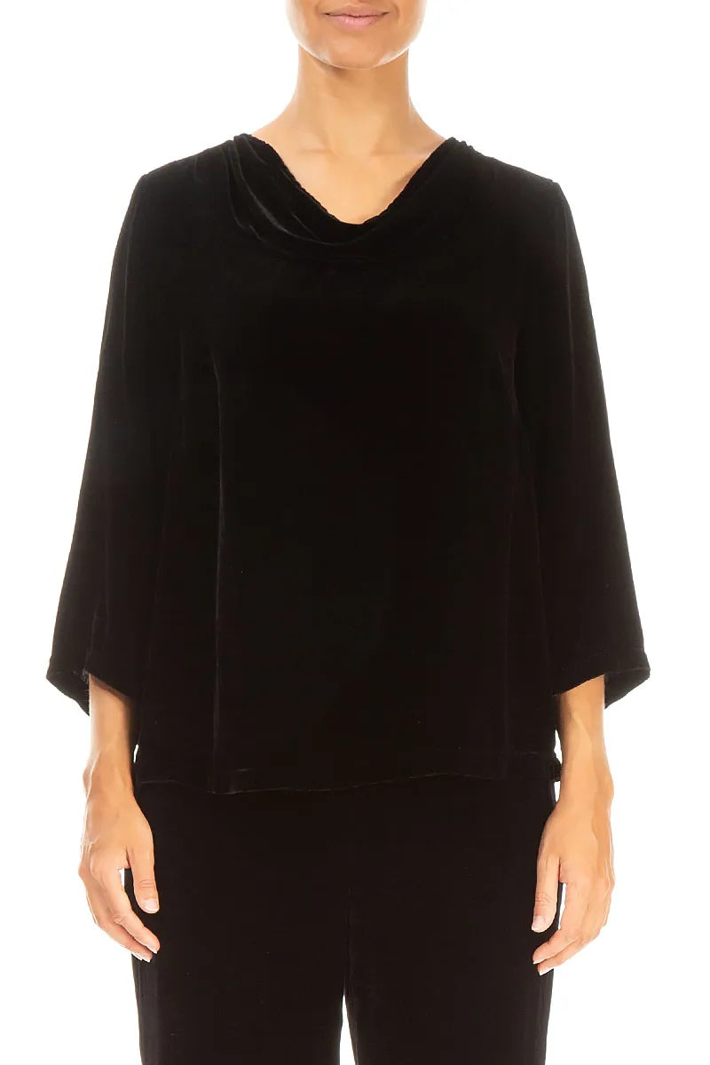 Cowl Neck Black Silk Velvet Blouse 1