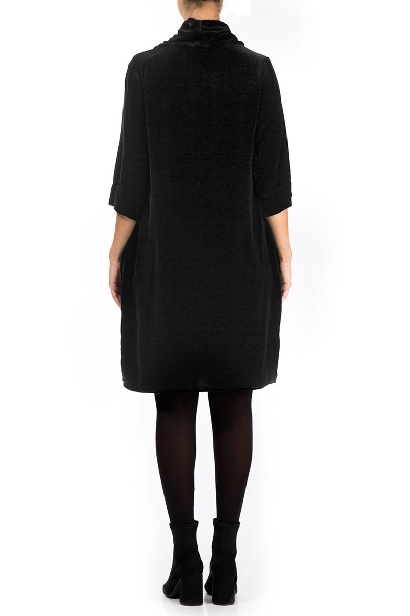 Cowl Neck Black Silk Velvet Dress