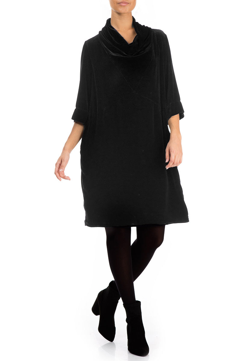 Cowl Neck Black Silk Velvet Dress