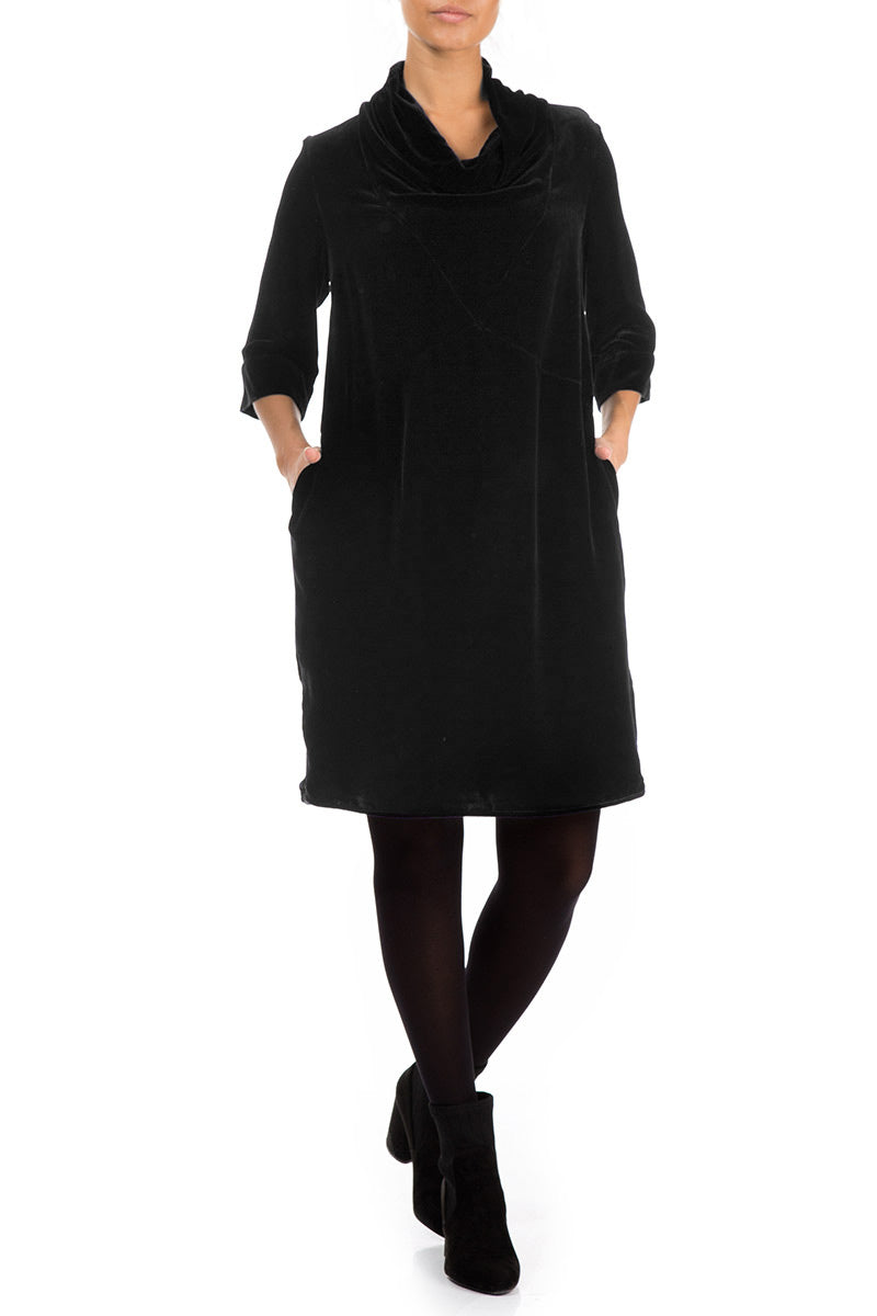 Cowl Neck Black Silk Velvet Dress