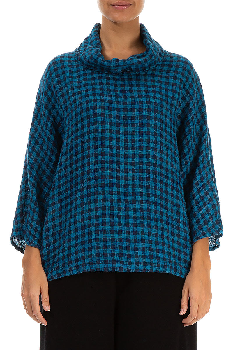 Cowl Neck Blue Check Linen Blouse