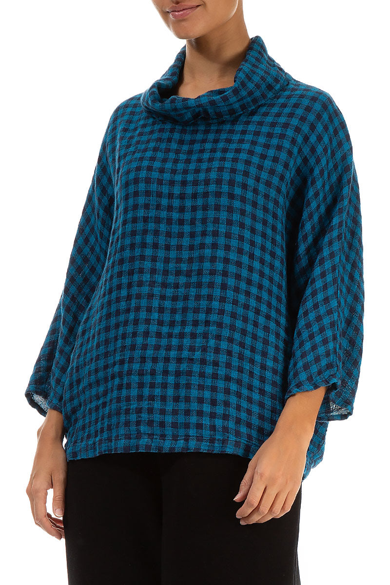 Cowl Neck Blue Check Linen Blouse