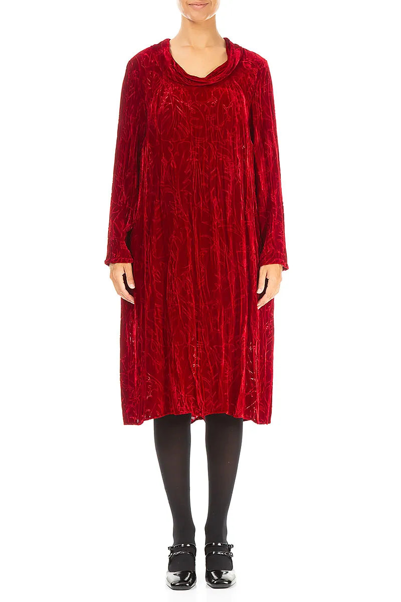 Cowl Neck Cherry Red Devoré Feather Crumpled Silk Velvet Dress 1