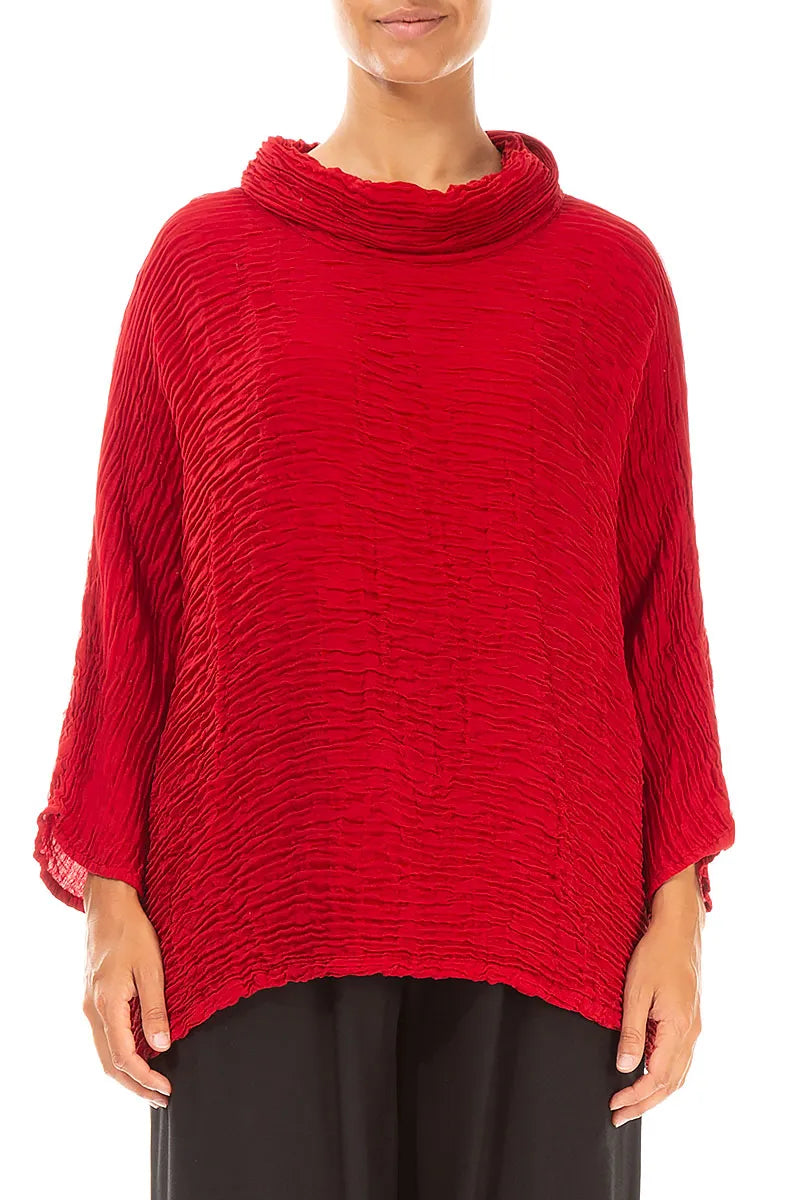 Cowl Neck Cherry Red Plissé Silk Blouse 1