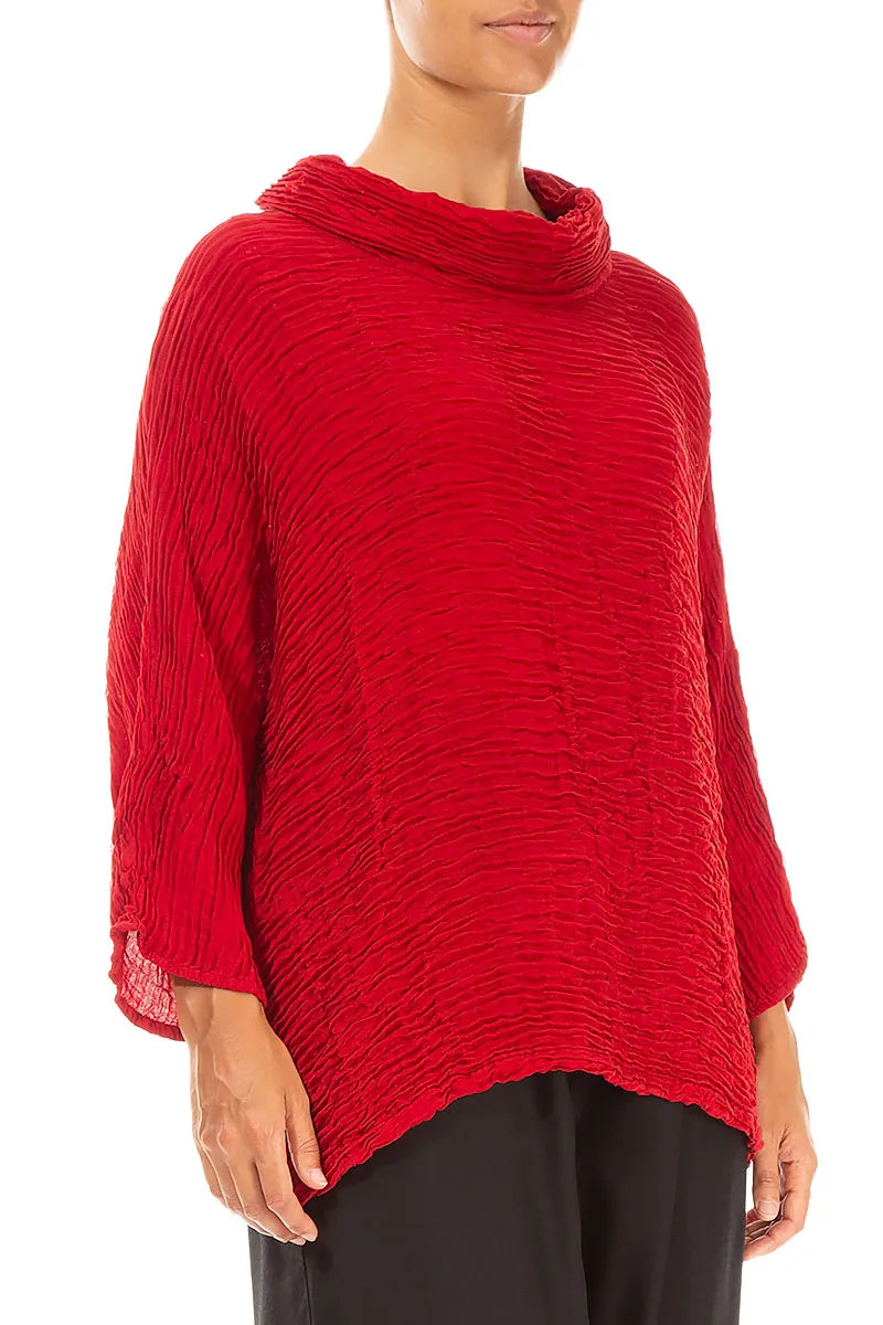 Cowl Neck Cherry Red Plissé Silk Blouse 3