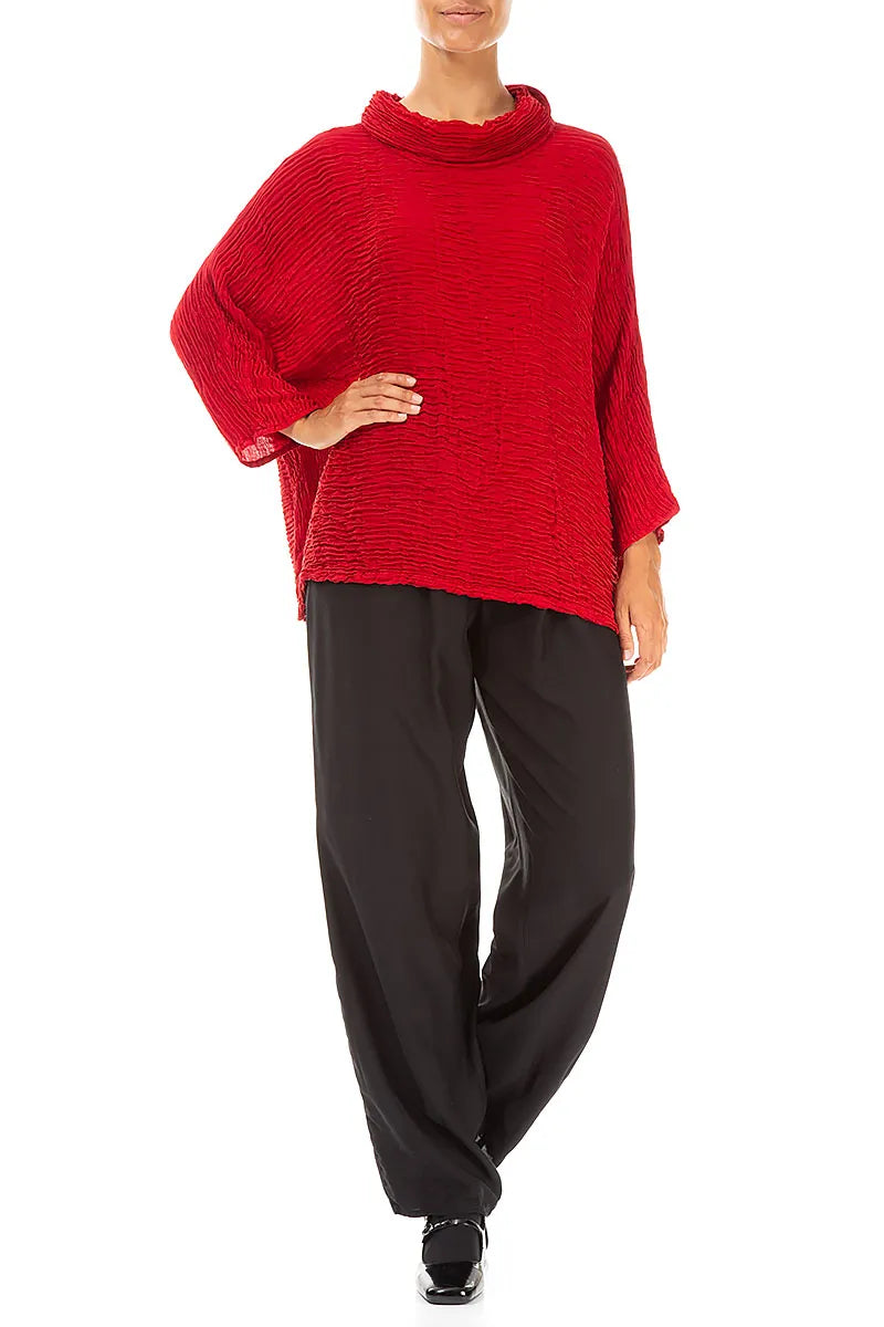 Cowl Neck Cherry Red Plissé Silk Blouse 4