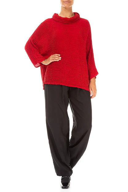 Cowl Neck Cherry Red Plissé Silk Blouse 4