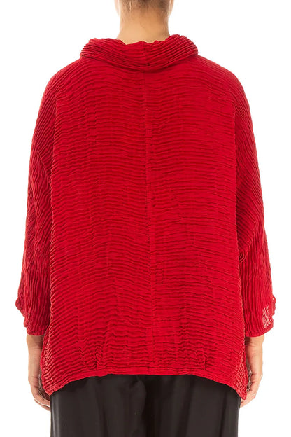 Cowl Neck Cherry Red Plissé Silk Blouse 2