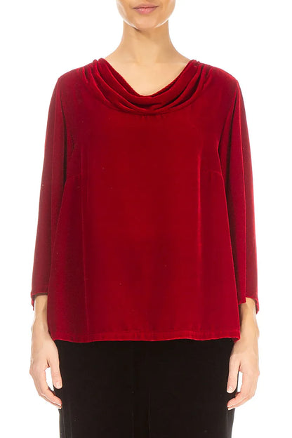 Cowl Neck Cherry Red Silk Velvet Blouse 1