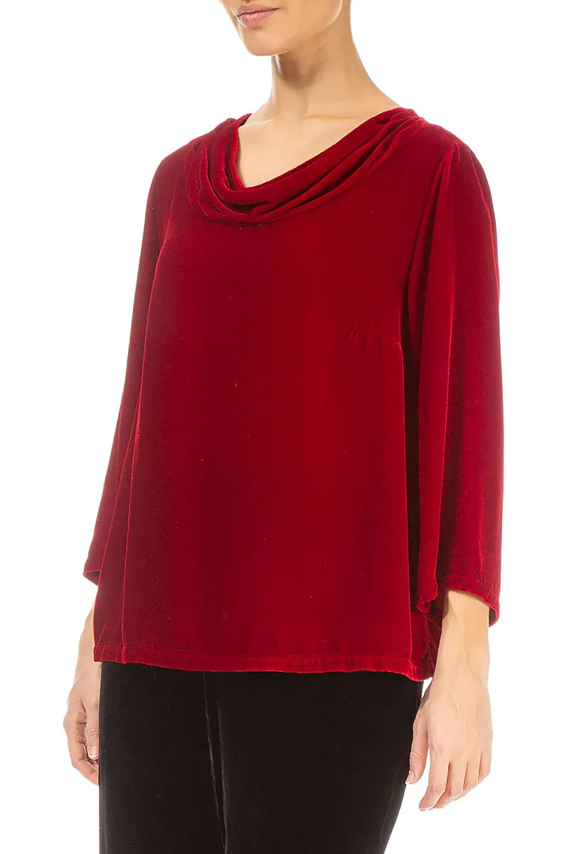 Cowl Neck Cherry Red Silk Velvet Blouse 3