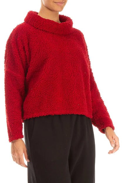 Cowl Neck Cherry Red Teddy Cotton Jumper 3