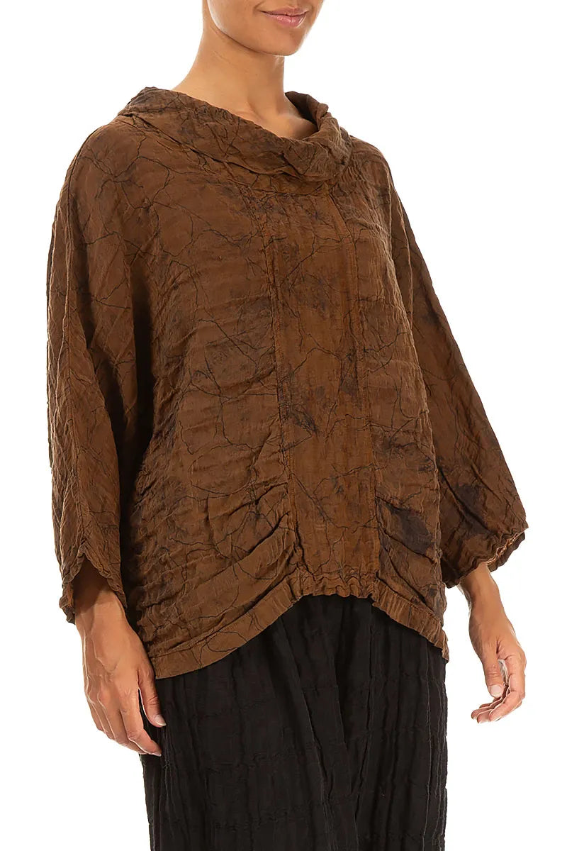 Cowl Neck Crinkled Aged Copper Marble Silk Blouse 3