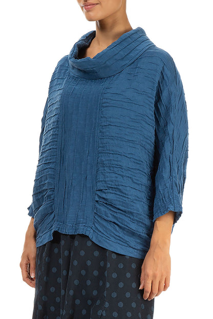 Cowl Neck Crinkled Azure Silk Blouse