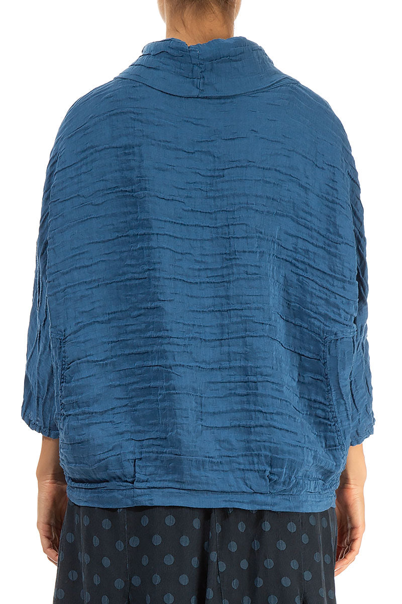 Cowl Neck Crinkled Azure Silk Blouse