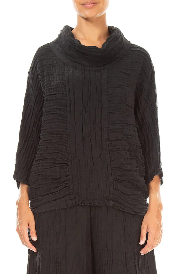 Zwarte blouse van Zijde Linnen met col en Crinkle