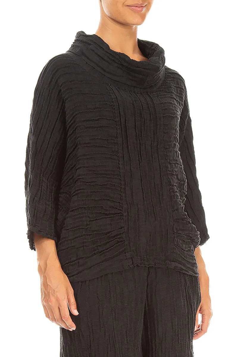 Cowl Neck Crinkled Black Silk Linen Blouse 3
