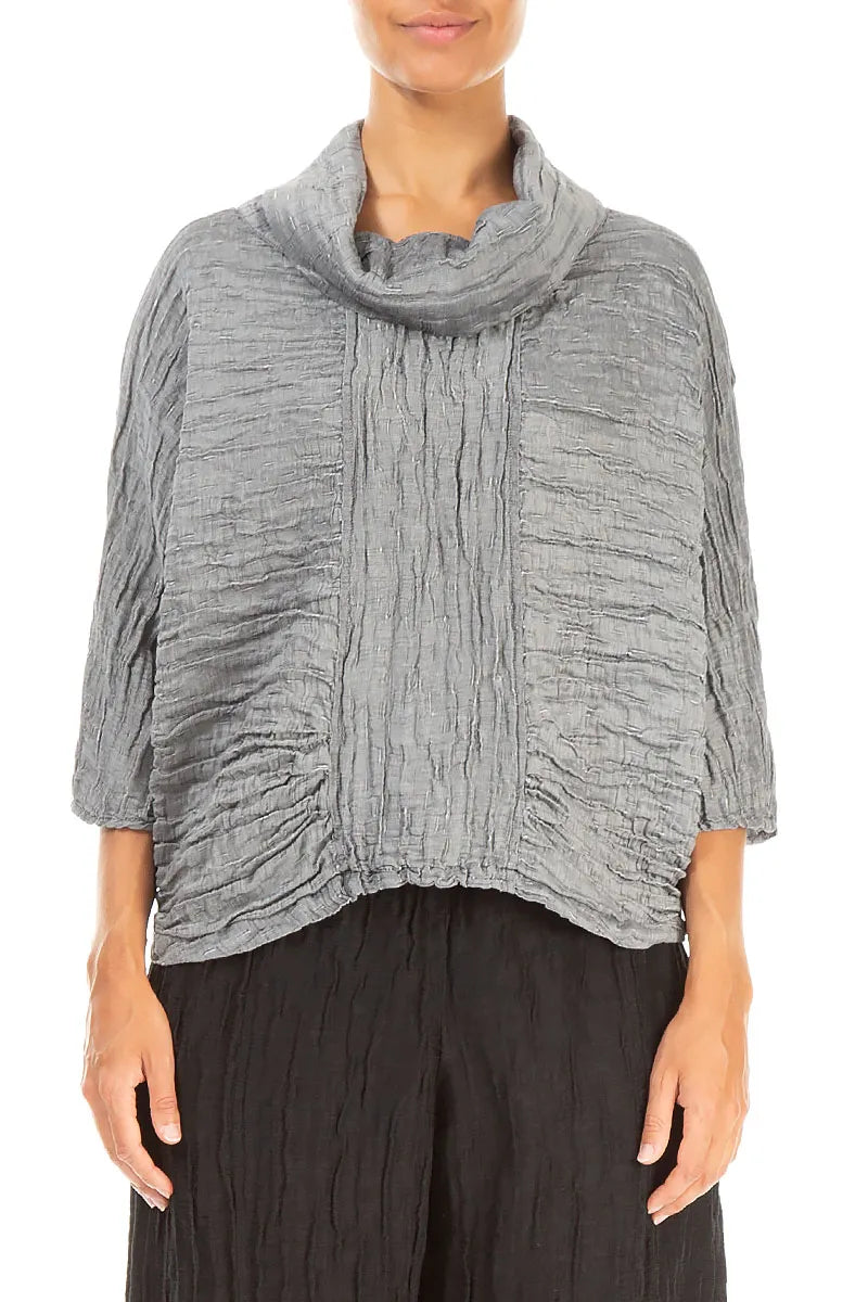 Cowl Neck Crinkled Silver Silk Blouse 1