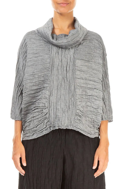Cowl Neck Crinkled Silver Silk Blouse 1