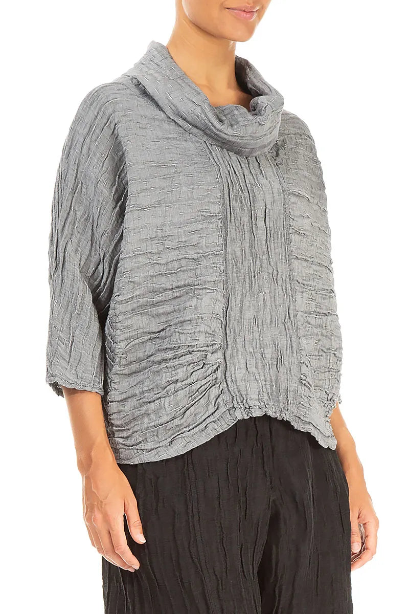 Cowl Neck Crinkled Silver Silk Blouse 3