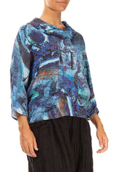 Cowl Neck Crinkled Blue Reverie Silk Blouse 3