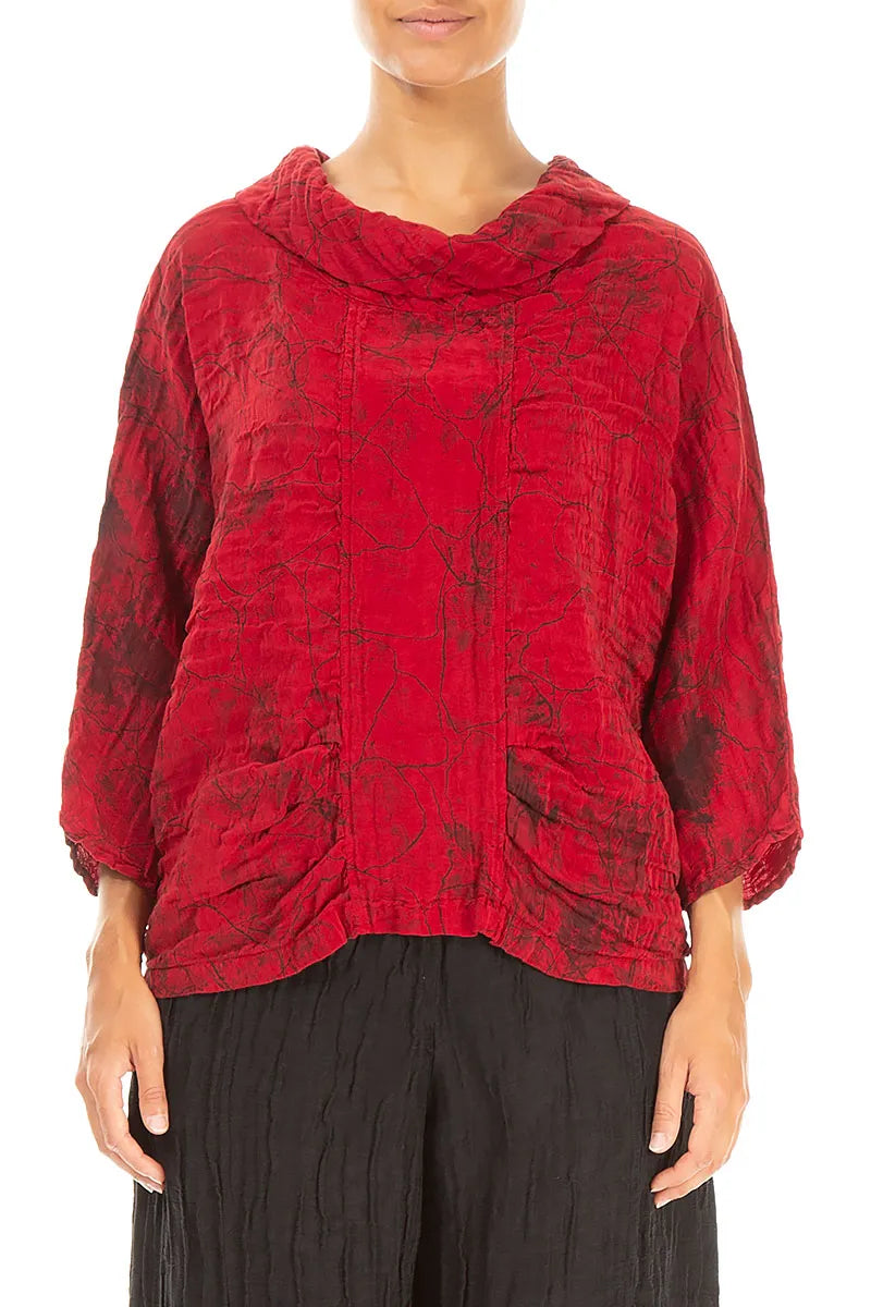 Cowl Neck Crinkled Cherry Red Marble Silk Blouse 1