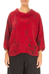 Cowl Neck Crinkled Cherry Red Marble Silk Blouse 1