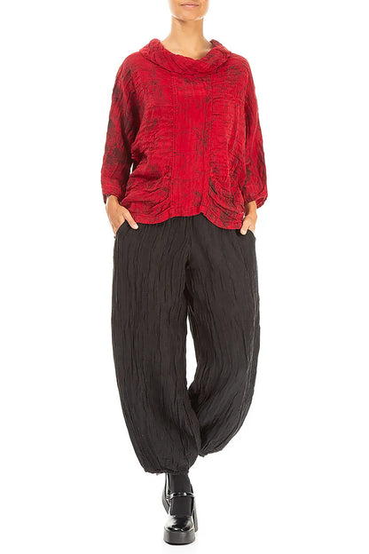 Cowl Neck Crinkled Cherry Red Marble Silk Blouse 4