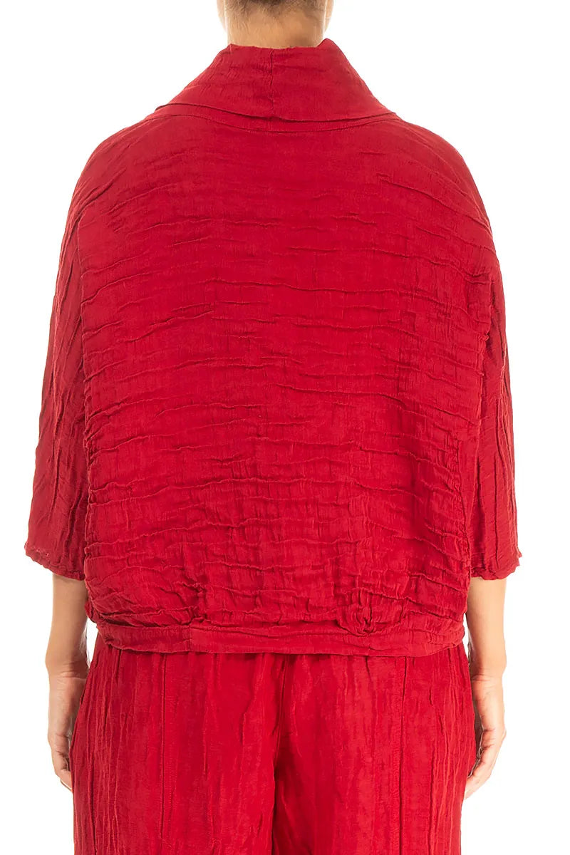 Cowl Neck Crinkled Cherry Red Silk Blouse 2